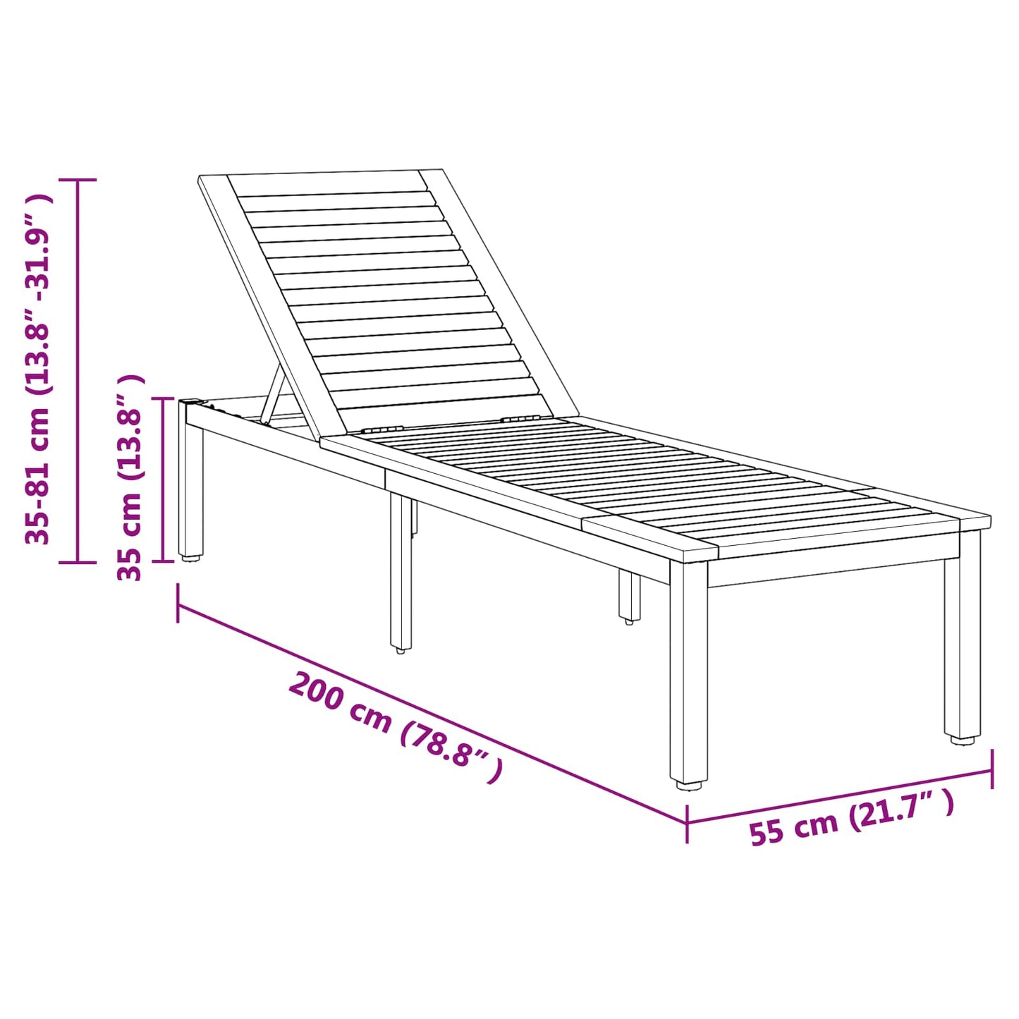 vidaXL Sun lounger Reclining Grey 200 x 55 x 35 cm Solid Acacia Wood