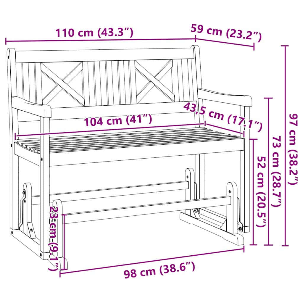 vidaXL Garden Glider Bench Natural 110 x 59 x 97 cm Solid Acacia Wood