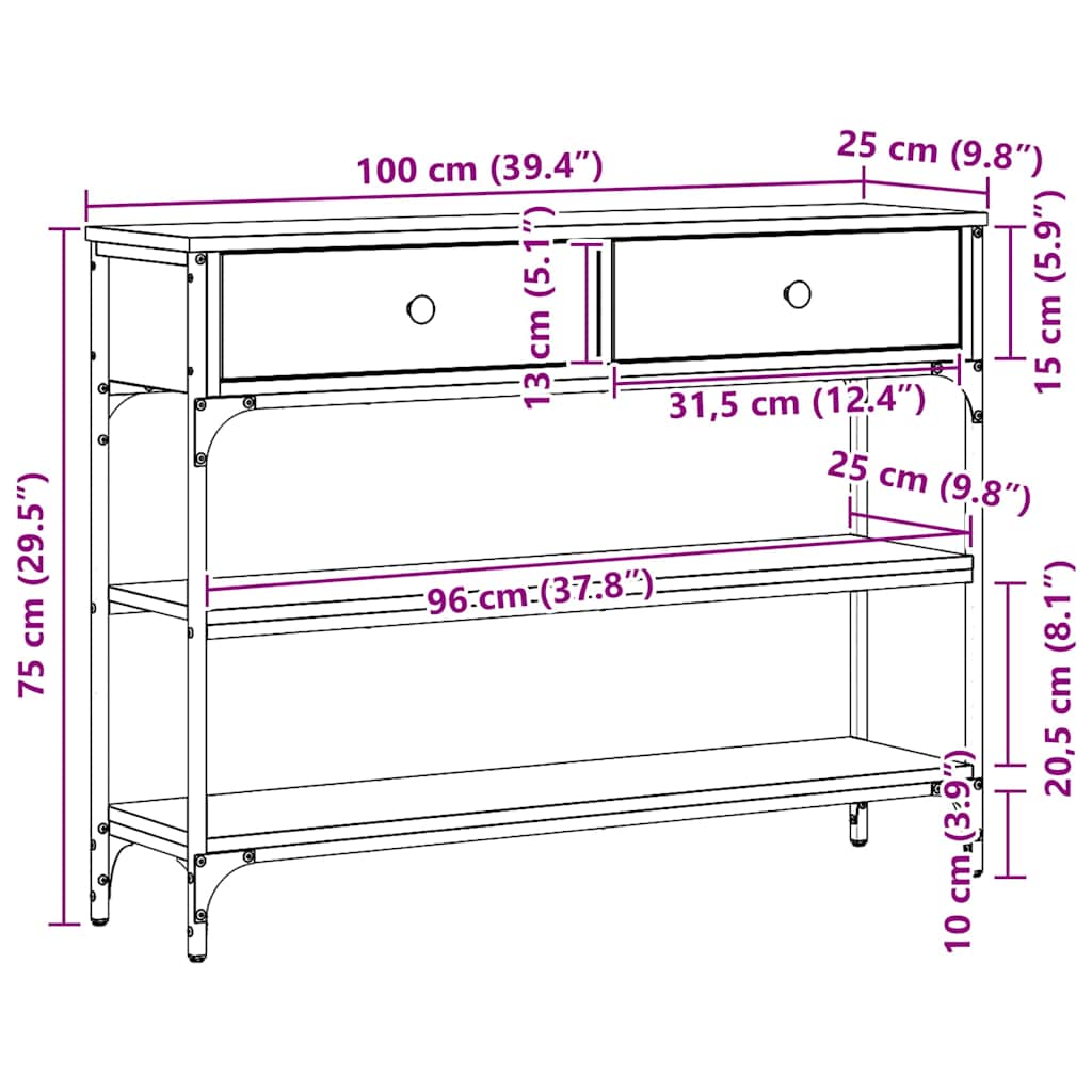 vidaXL Console Table Black Oak 100 x 25 x 75 cm Engineered Wood