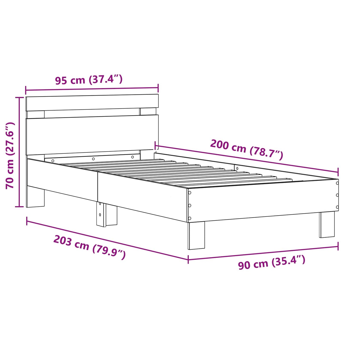 vidaXL Bed Frame with LED Black Oak 90 x 200 cm Engineered Wood