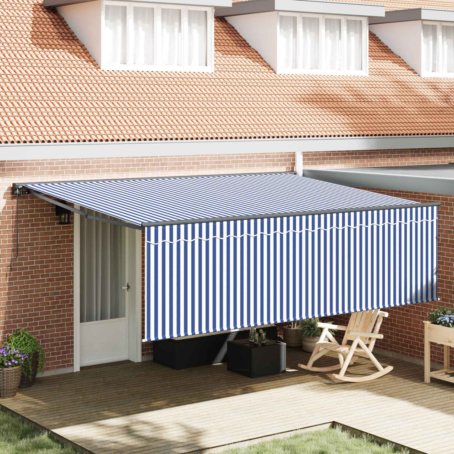 vidaXL Retractable Awning Manual Blue and White 400 x 300 cm