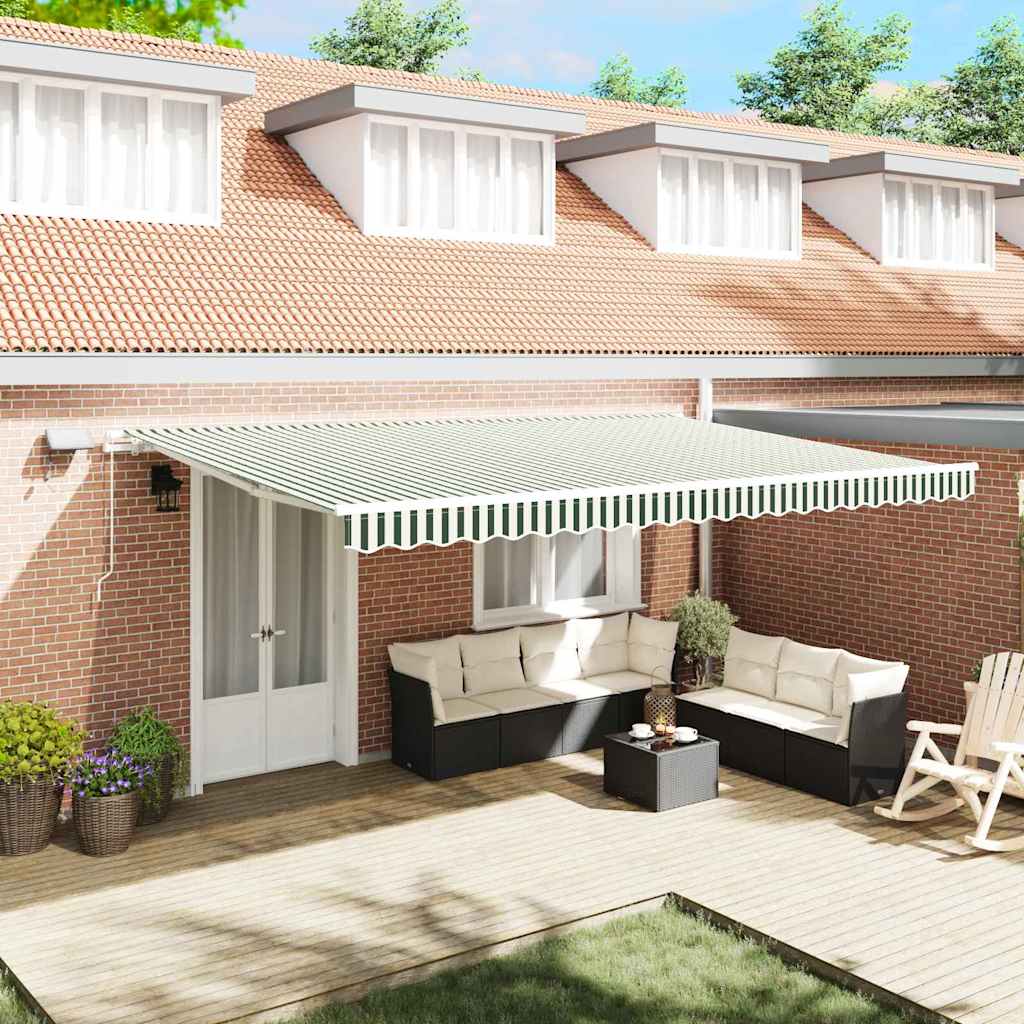 vidaXL Retractable Awning Green and White 500 x 300 cm