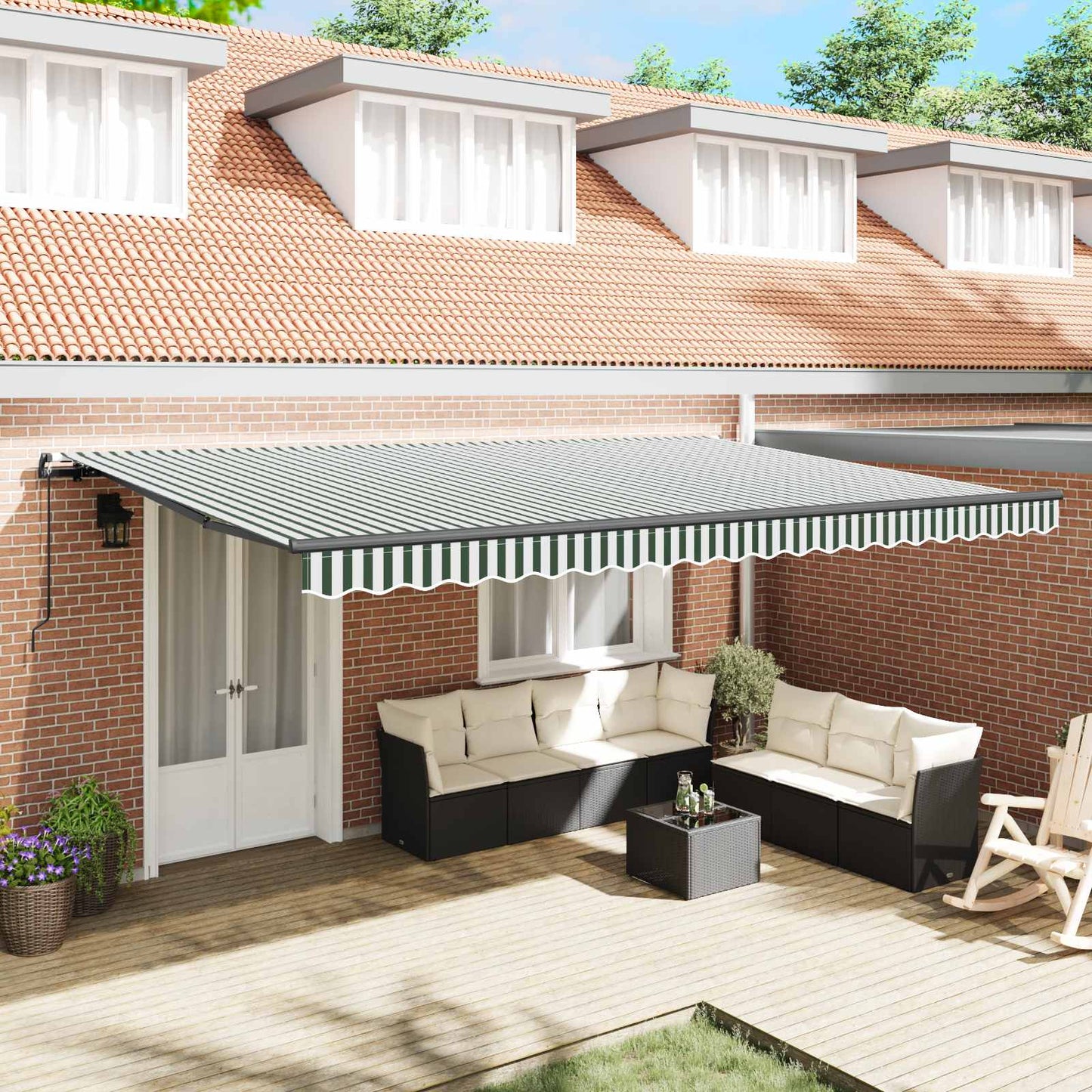 vidaXL Retractable Awning Green and White 500 x 300 cm