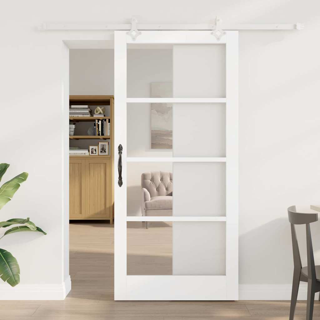 vidaXL Sliding Door White 93 x 202 cm Solid Pine Wood and Glass