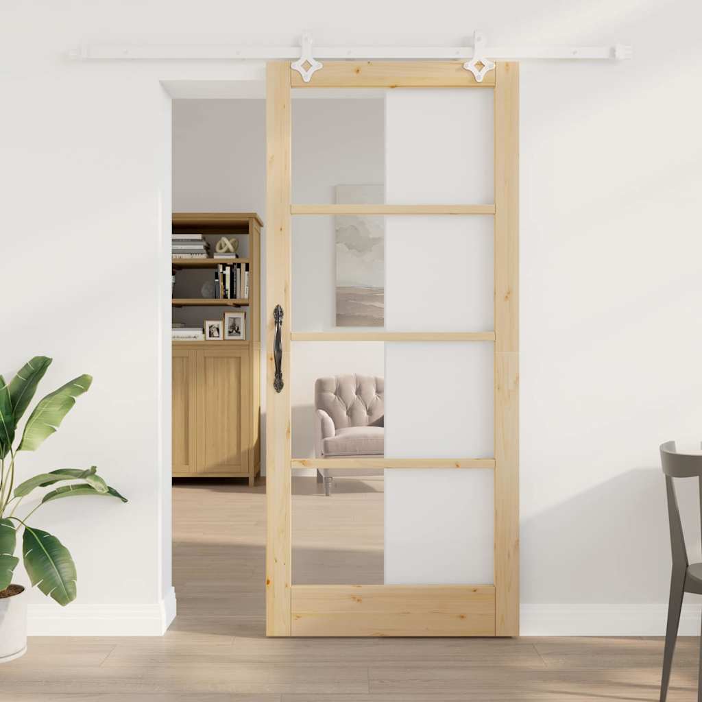 vidaXL Sliding Door Natural 93 x 211 cm Solid Pine Wood and Glass