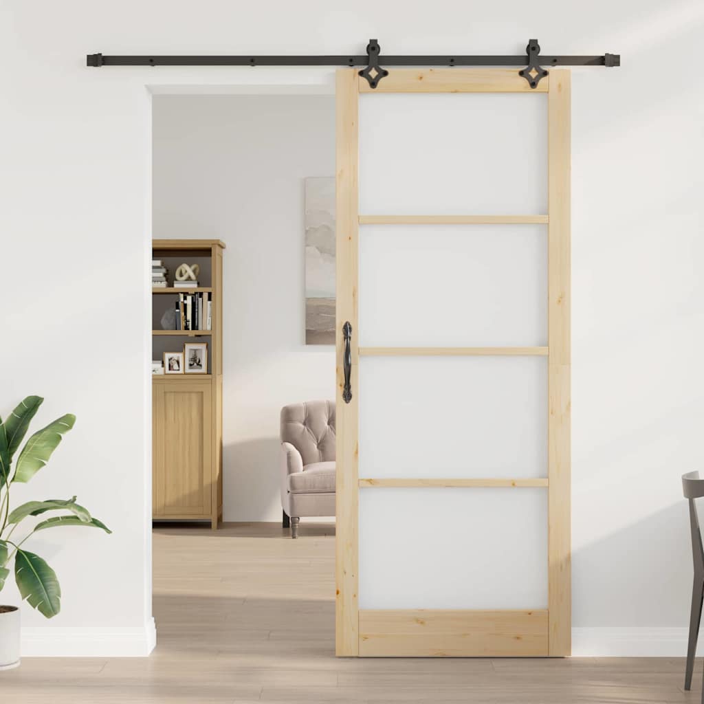 vidaXL Sliding Door Natural 93 x 232 cm Solid Pine Wood and Glass