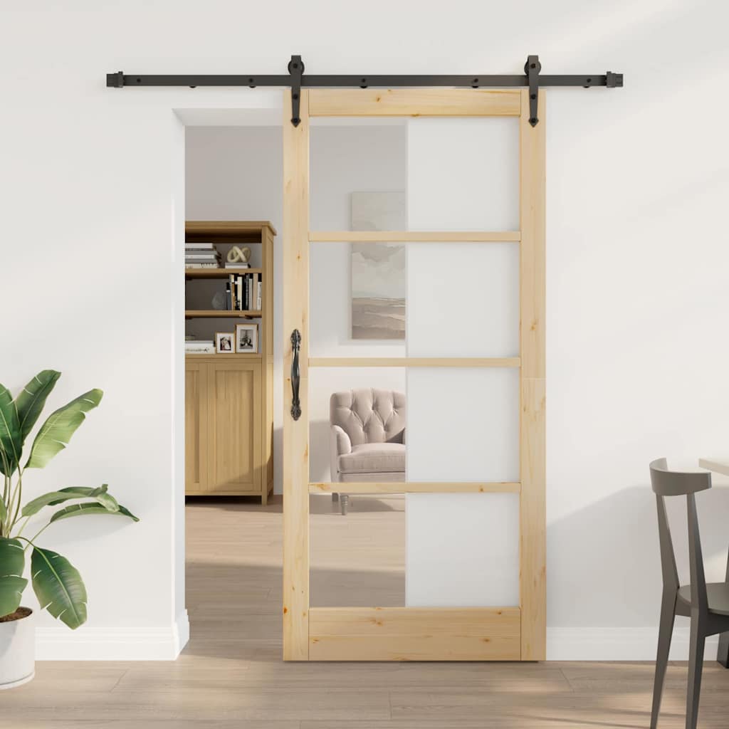 vidaXL Sliding Door Natural 93 x 202 cm Solid Pine Wood and Glass