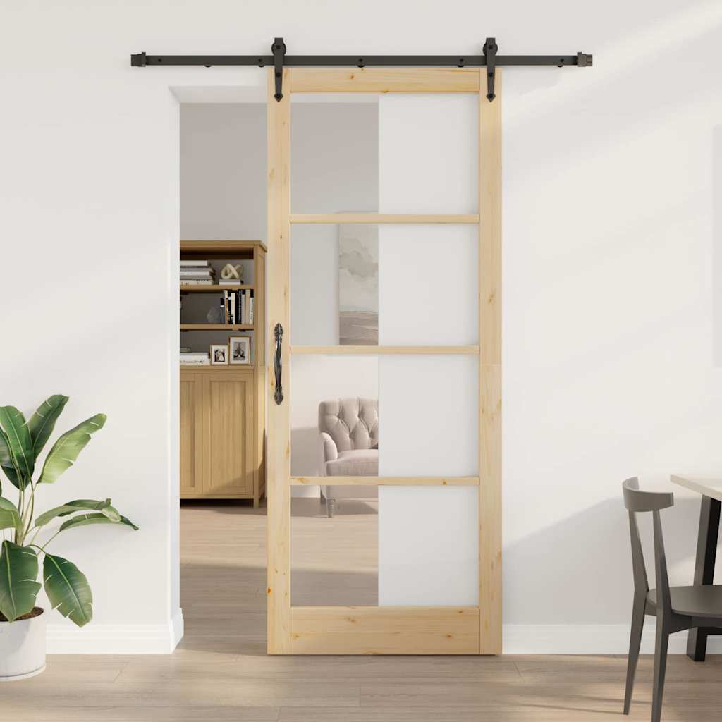 vidaXL Sliding Door Natural 93 x 232 cm Solid Pine Wood and Glass