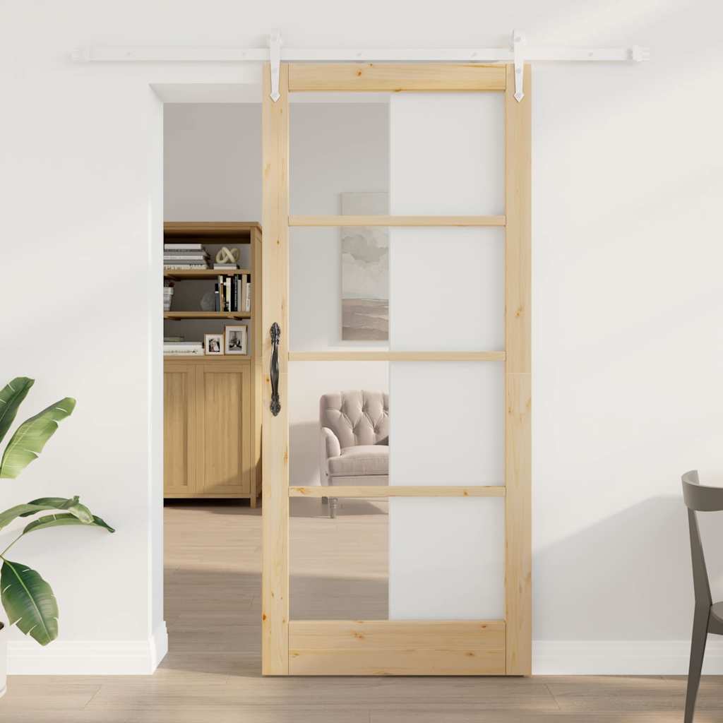 vidaXL Sliding Door Natural 93 x 211 cm Solid Pine Wood and Glass