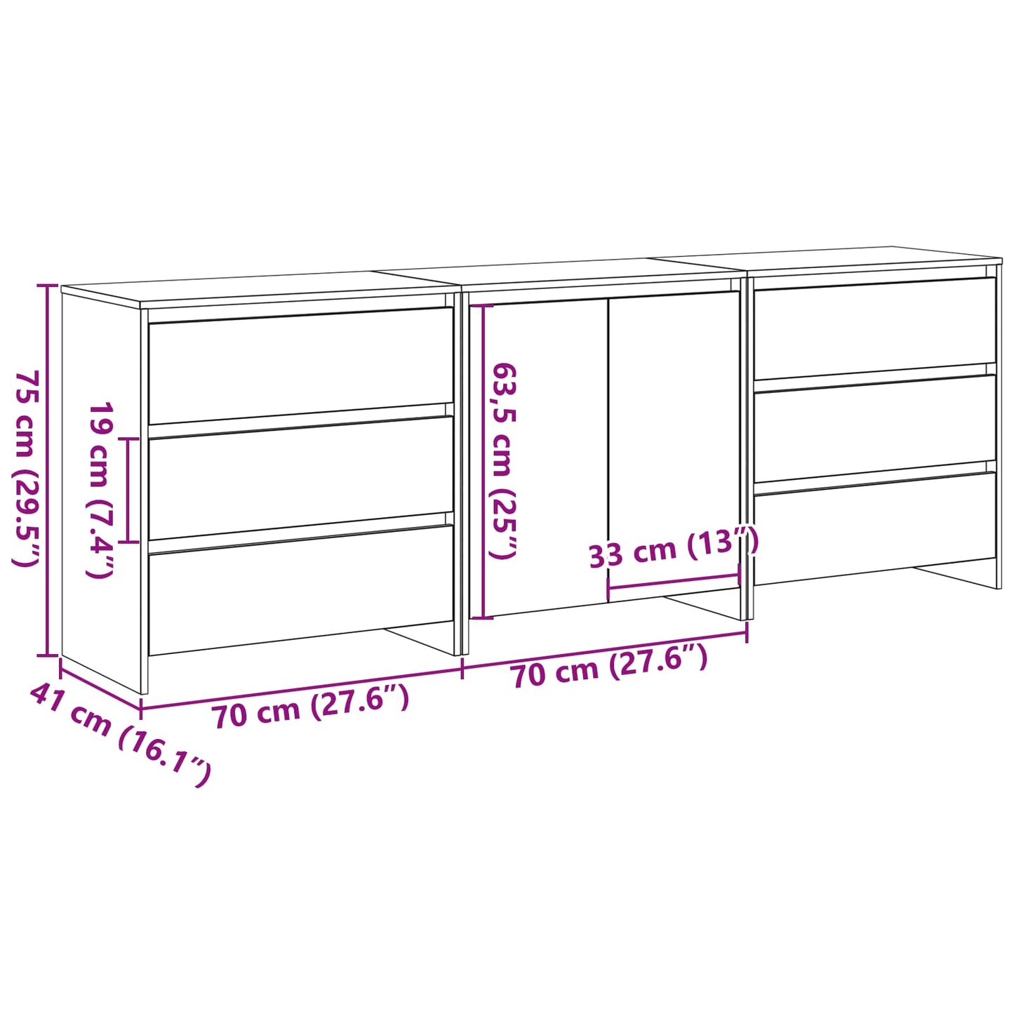 vidaXL Sideboard 3 pcs Black 70 x 41 x 75 cm Engineered Wood