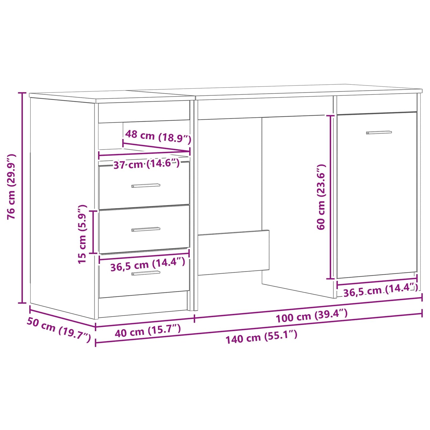 vidaXL Desk with Door 2 pcs Black Oak 140 x 50 x 76 cm Engineered Wood