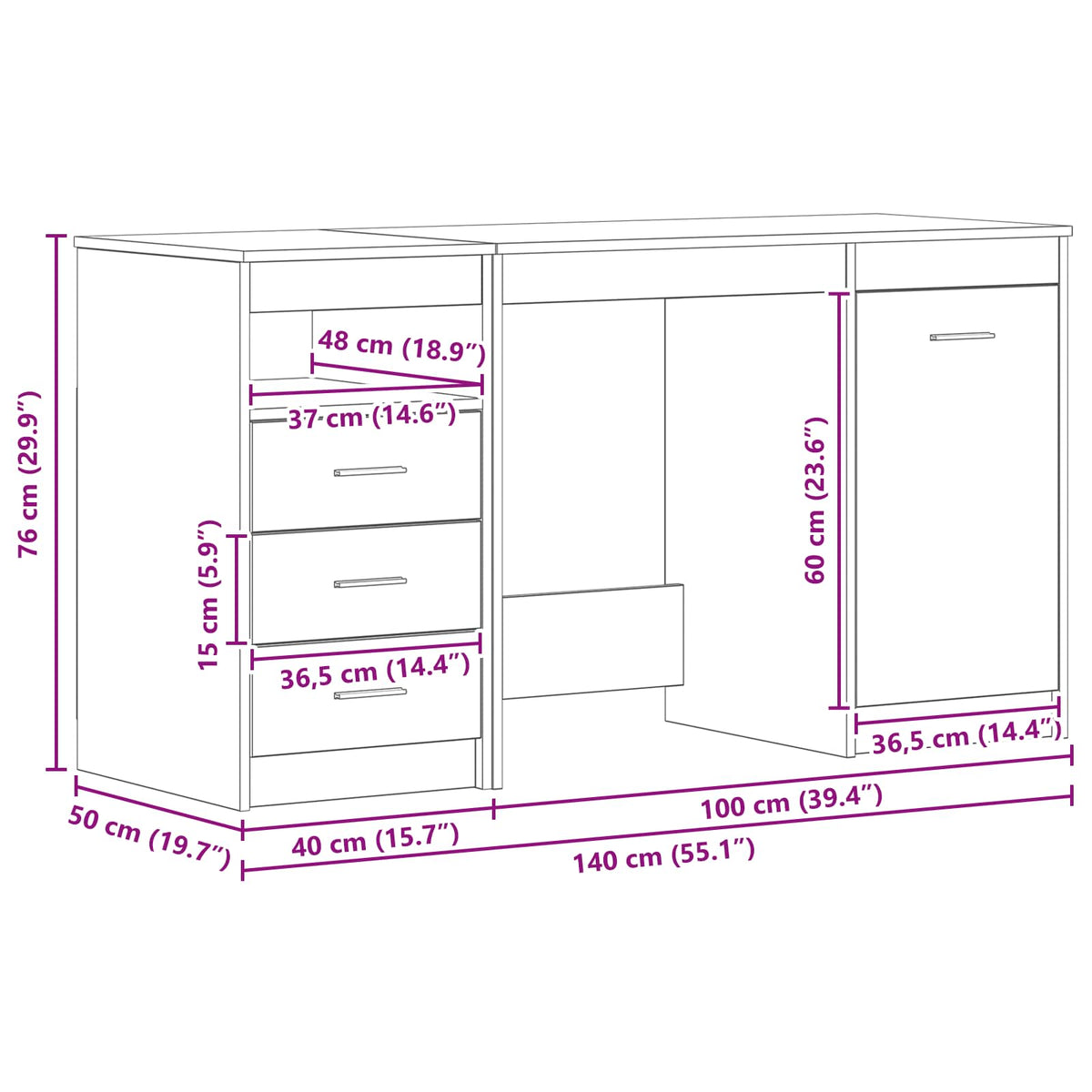 vidaXL Desk with Door 2 pcs Black Oak 140 x 50 x 76 cm Engineered Wood