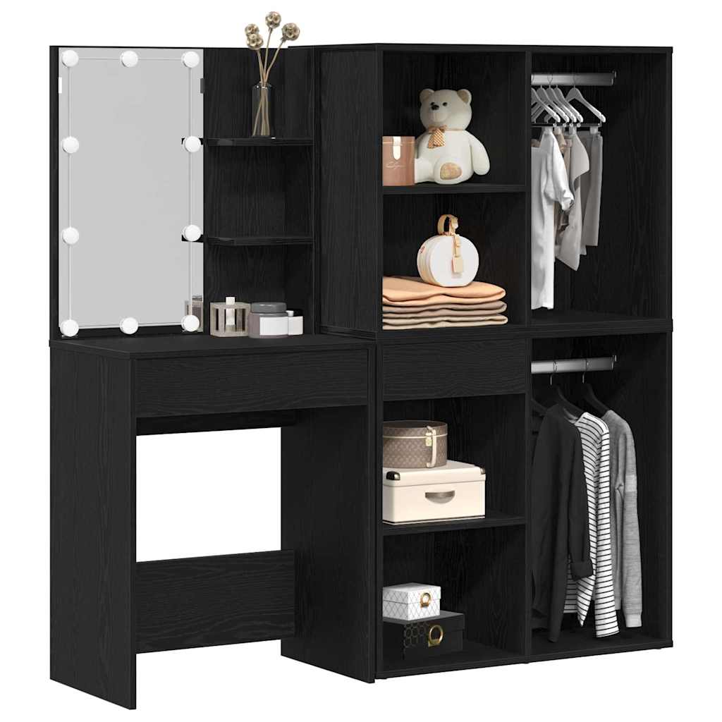 vidaXL LED Dressing Table Set Black Oak 140 x 40 x 140 cm