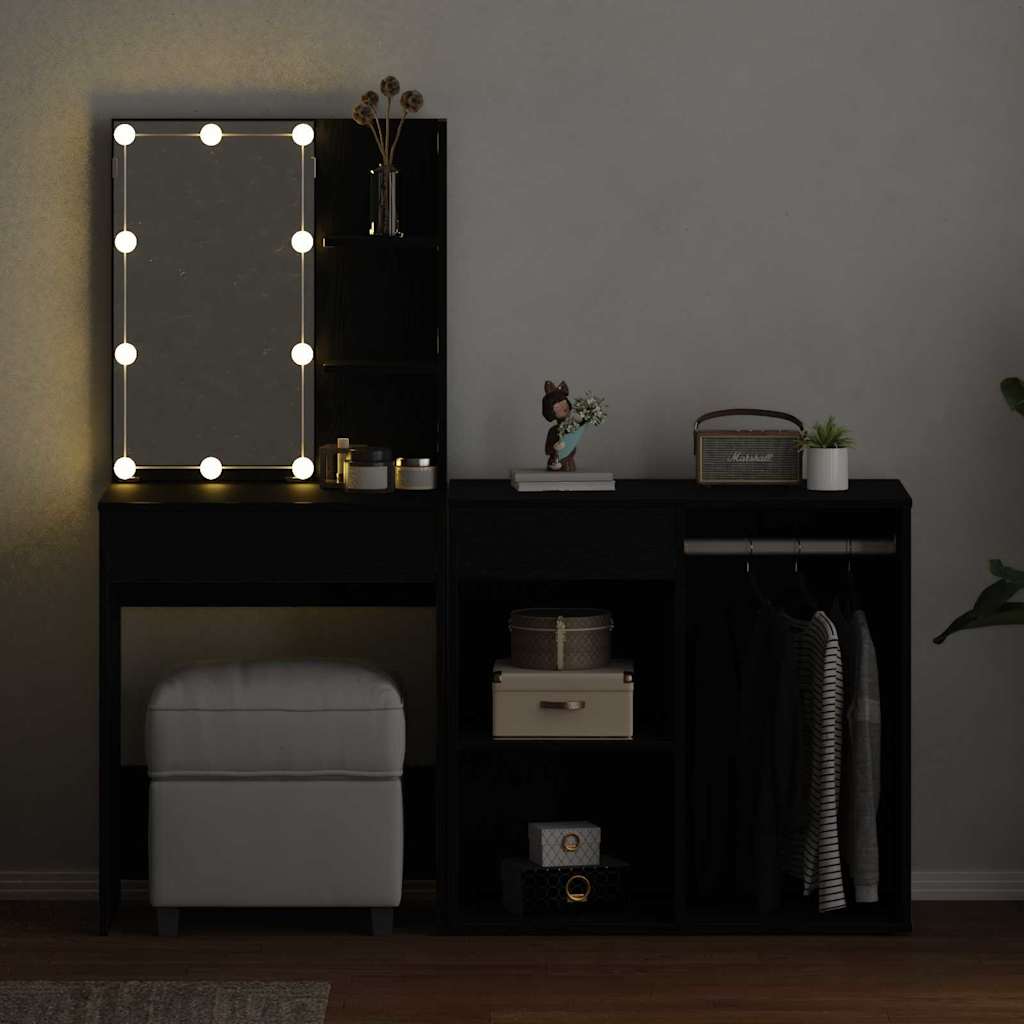 vidaXL LED Dressing Table Set Black Oak 140 x 40 x 140 cm