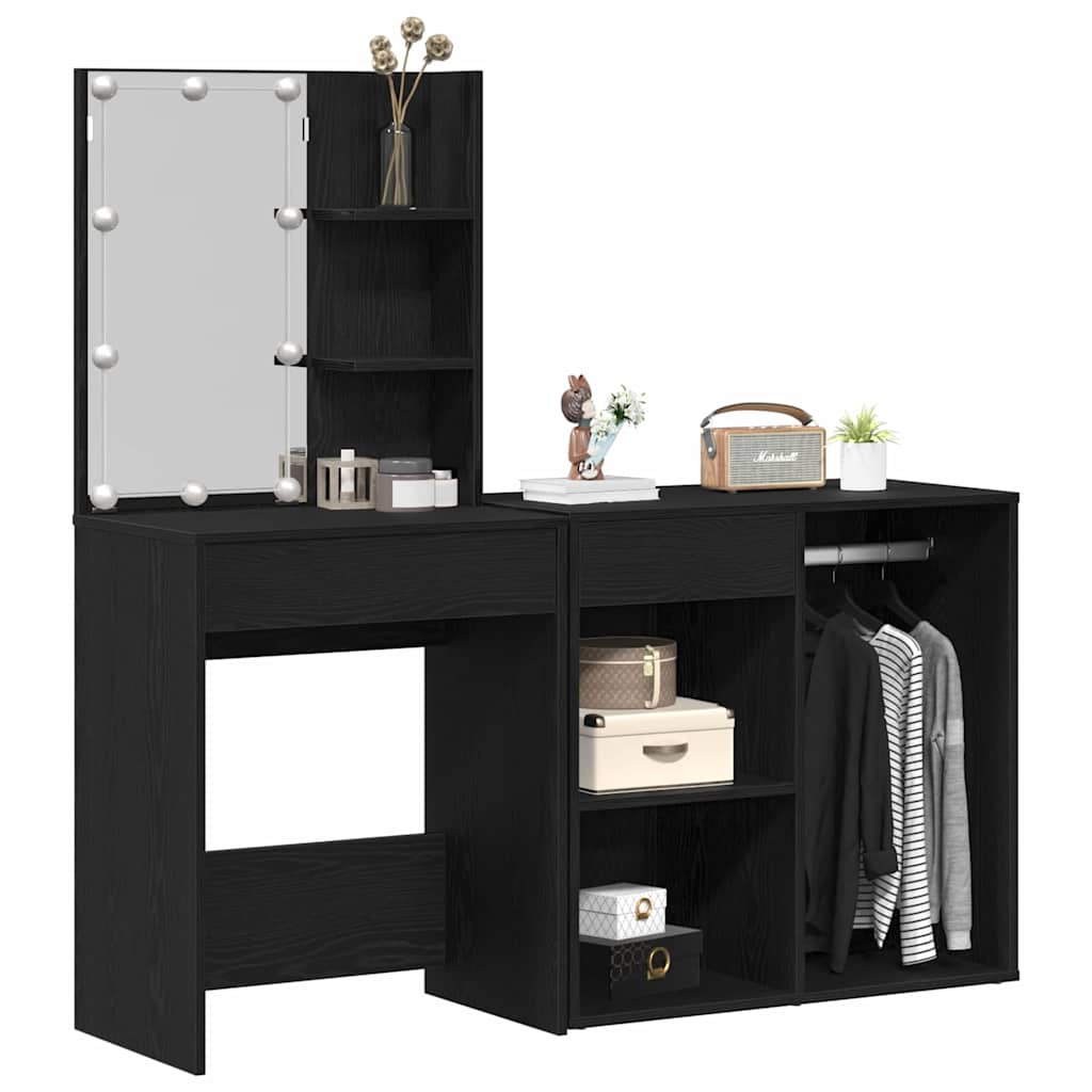 vidaXL LED Dressing Table Set Black Oak 140 x 40 x 140 cm
