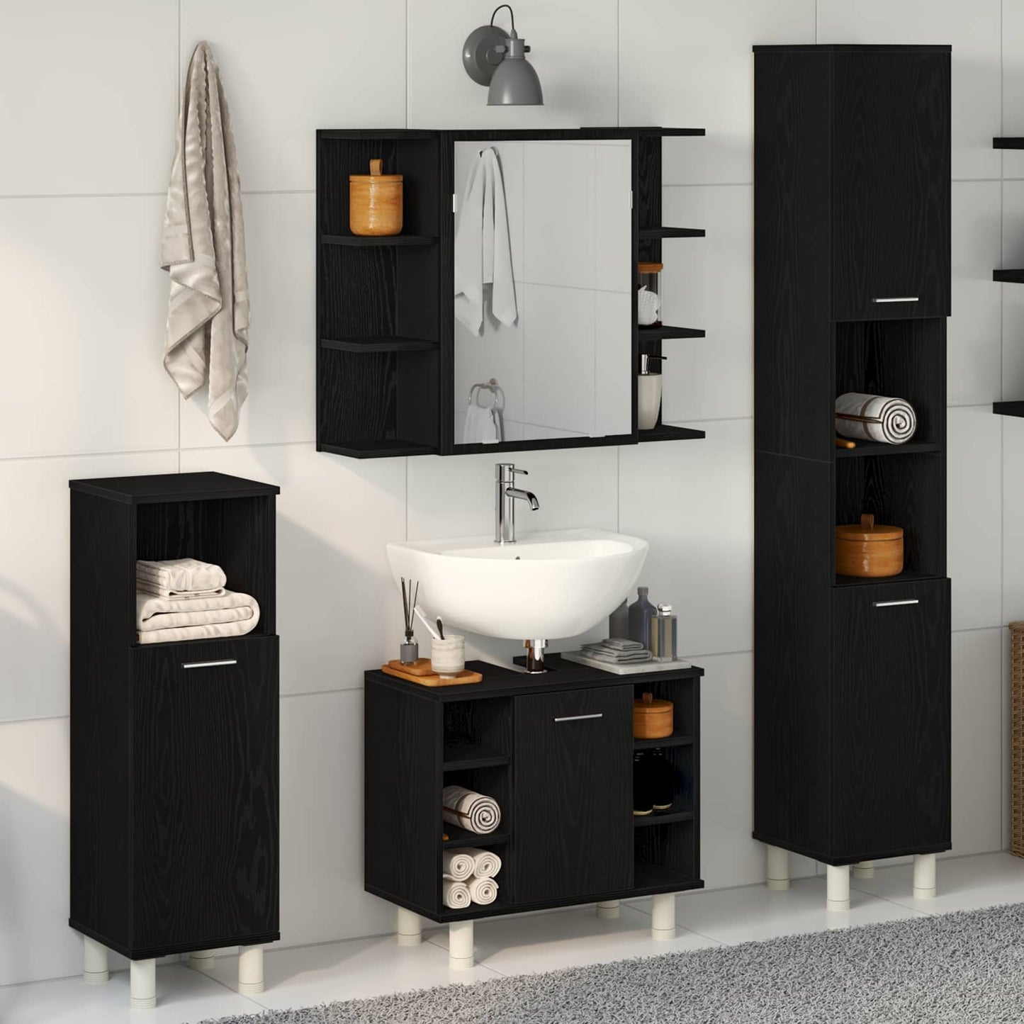 vidaXL Bathroom Furniture Set 4 pcs Black Engineered Wood