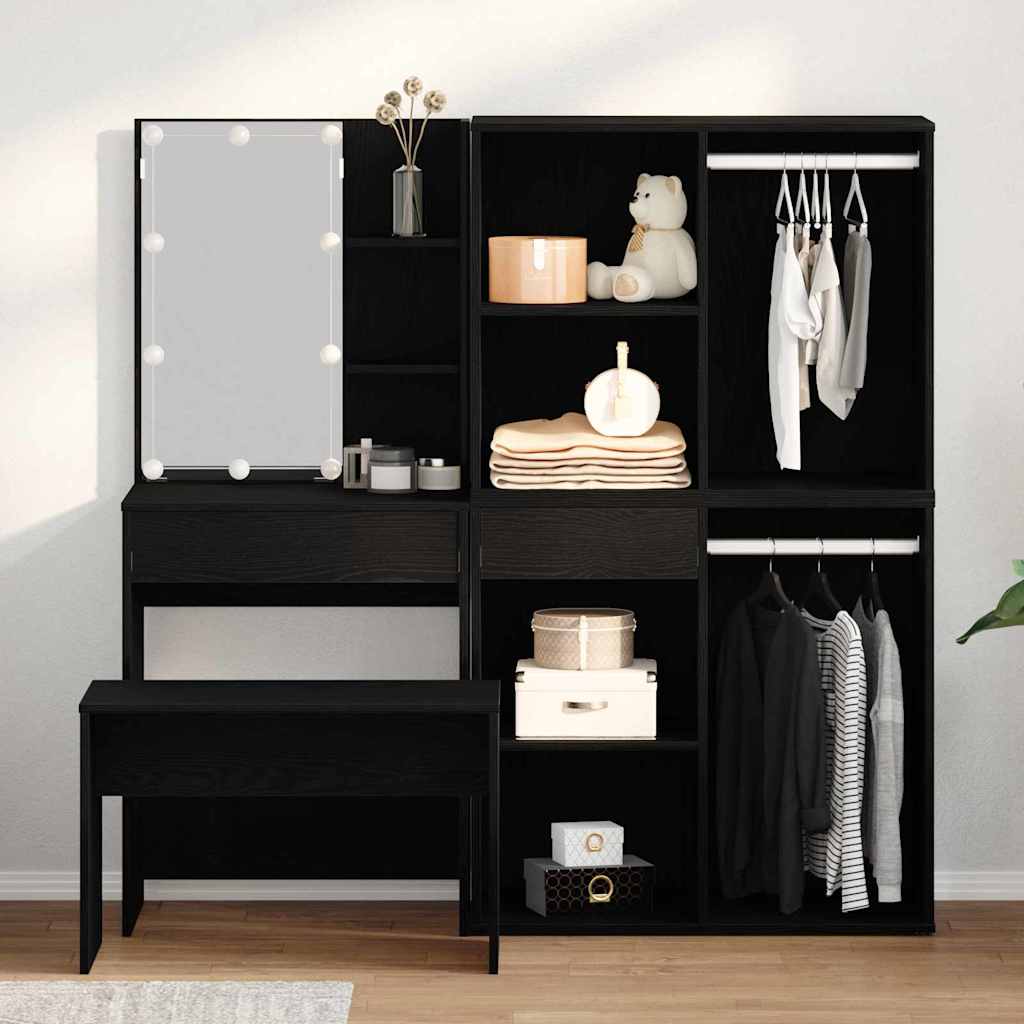 vidaXL Dressing Table Set with LED 4 pcs Black Oak Engineered Wood