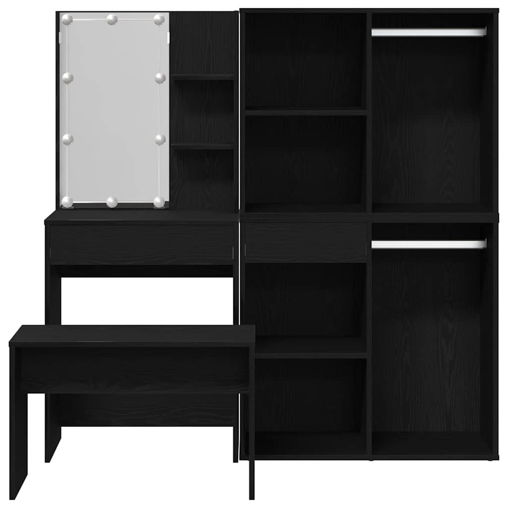 vidaXL Dressing Table Set with LED 4 pcs Black Oak Engineered Wood