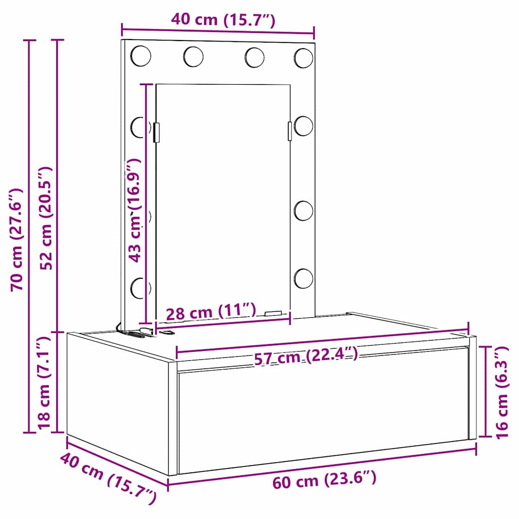 vidaXL Dressing Table Grey 60 x 40 x 70 cm Engineered Wood