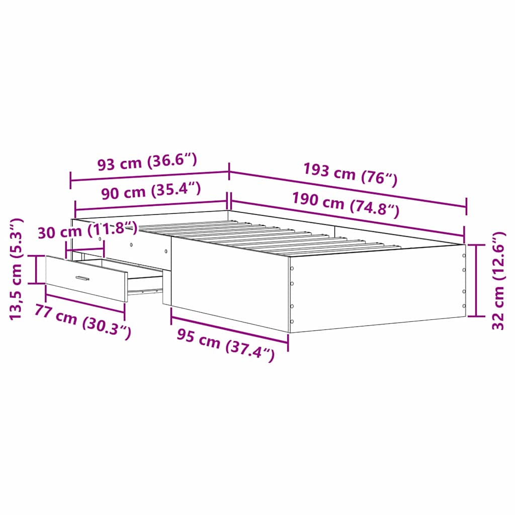 vidaXL Bed Frame with Drawer Black Oak 90 x 190 cm Engineered Wood