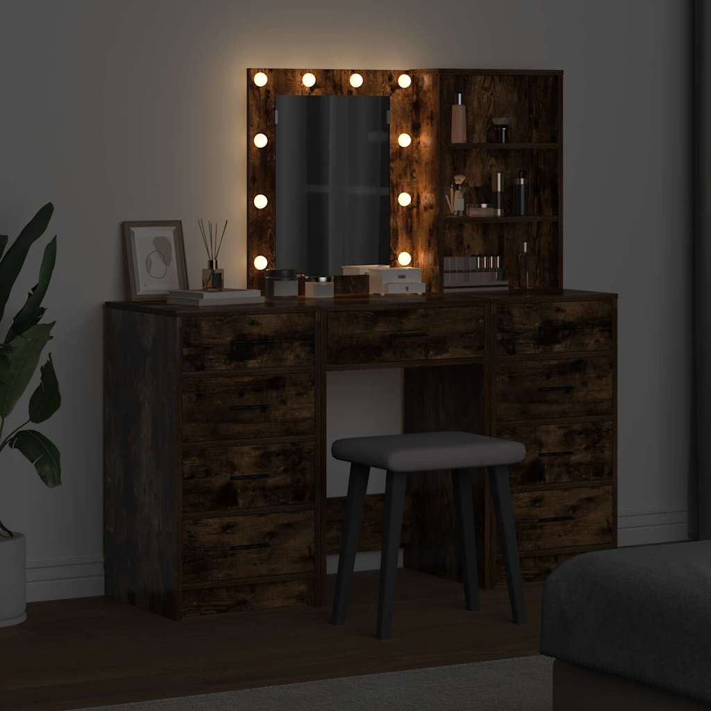 vidaXL Dressing Table with Mirror Lights 3 pcs Brown Engineered wood