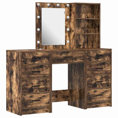 vidaXL Dressing Table with Mirror Lights 3 pcs Brown Engineered wood