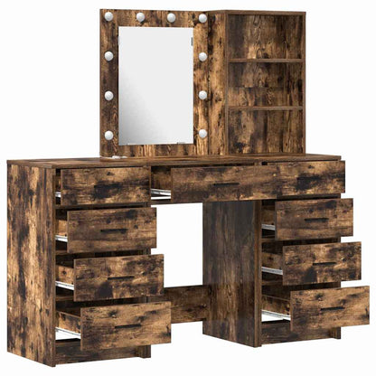 vidaXL Dressing Table with Mirror Lights 3 pcs Brown Engineered wood