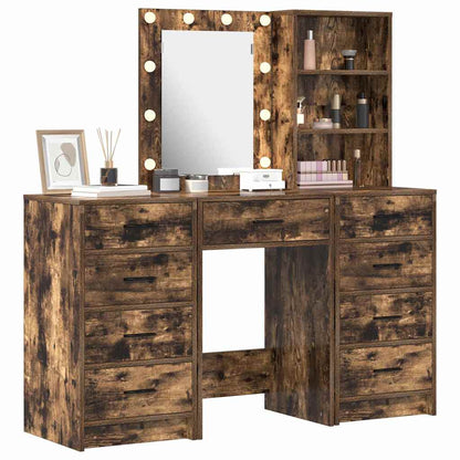 vidaXL Dressing Table with Mirror Lights 3 pcs Brown Engineered wood