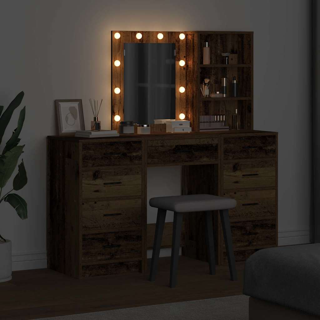 vidaXL Dressing Table with Mirror Lights 3 pcs Brown Engineered wood