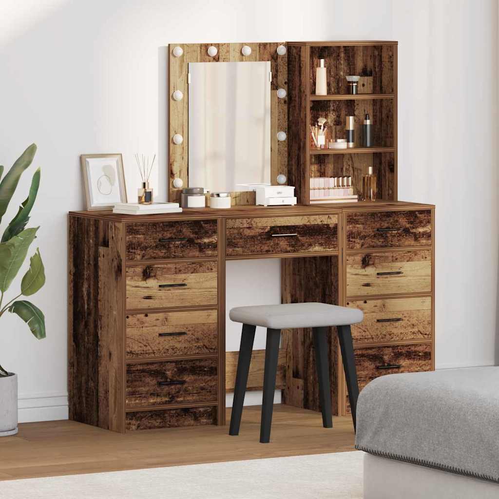 vidaXL Dressing Table with Mirror Lights 3 pcs Brown Engineered wood