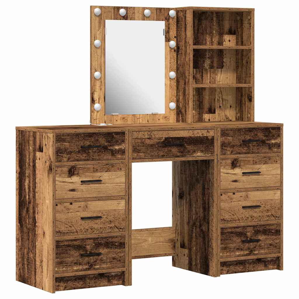 vidaXL Dressing Table with Mirror Lights 3 pcs Brown Engineered wood