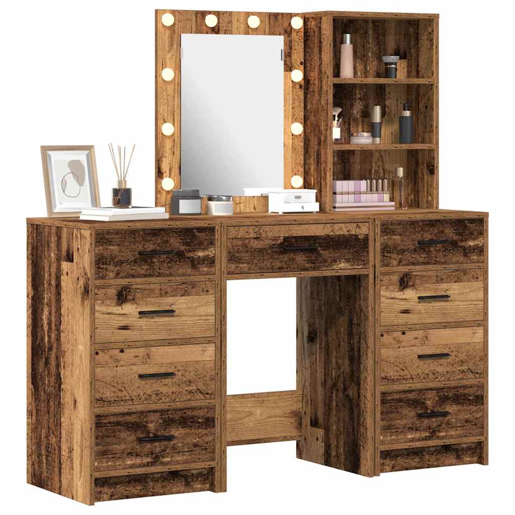 vidaXL Dressing Table with Mirror Lights 3 pcs Brown Engineered wood
