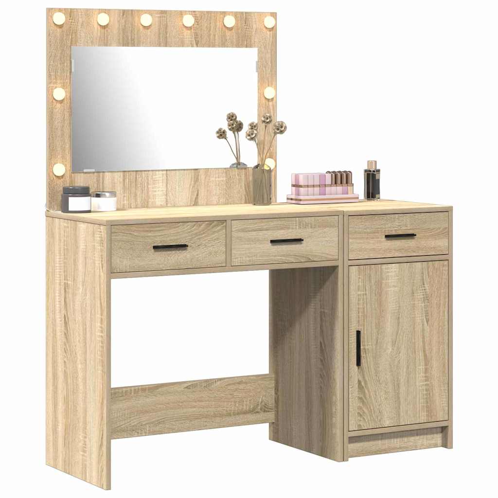vidaXL Dressing Table with Mirror Lights 2 pcs Brown Engineered wood