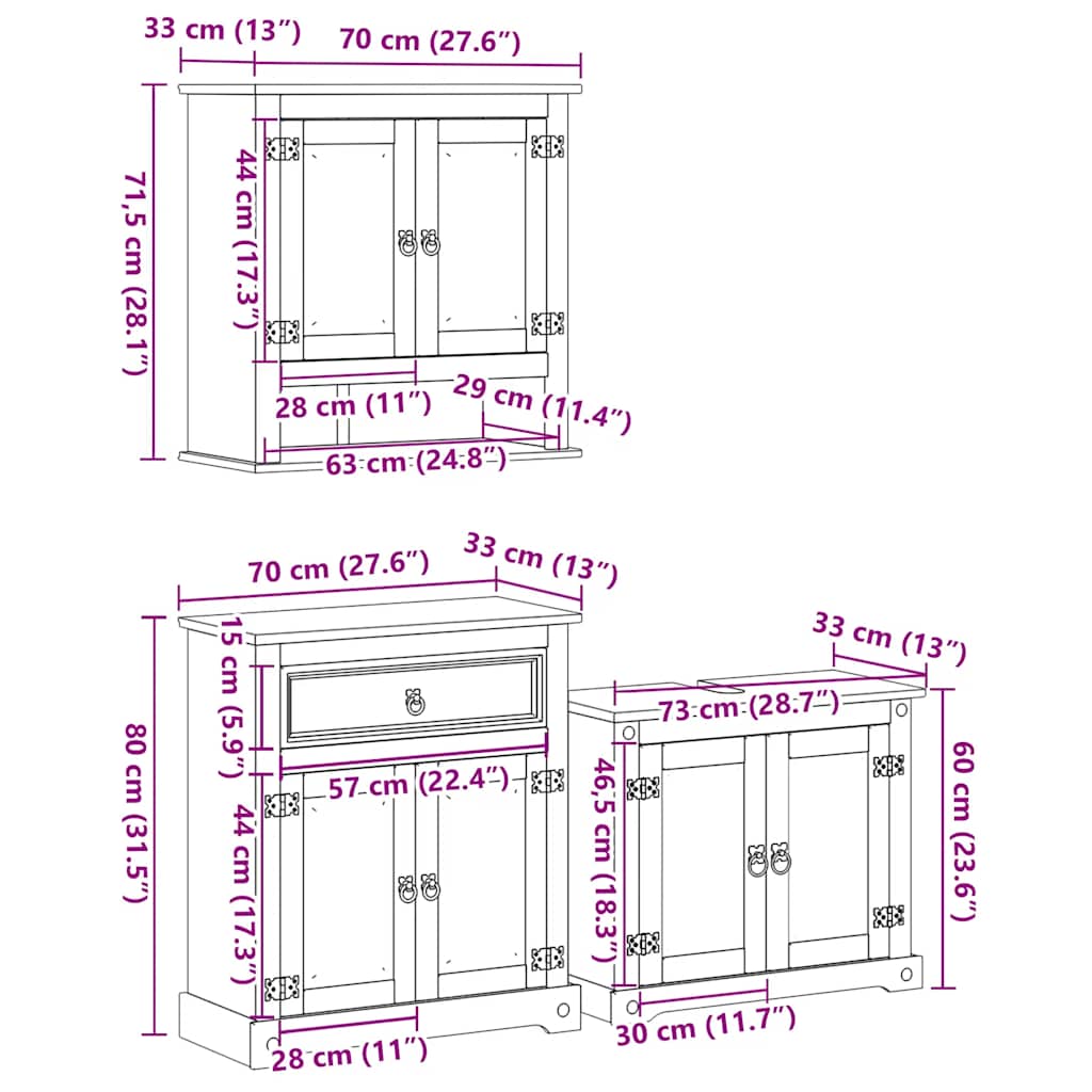 vidaXL 3 Piece Bathroom Furniture Set Corona Solid Wood Pine