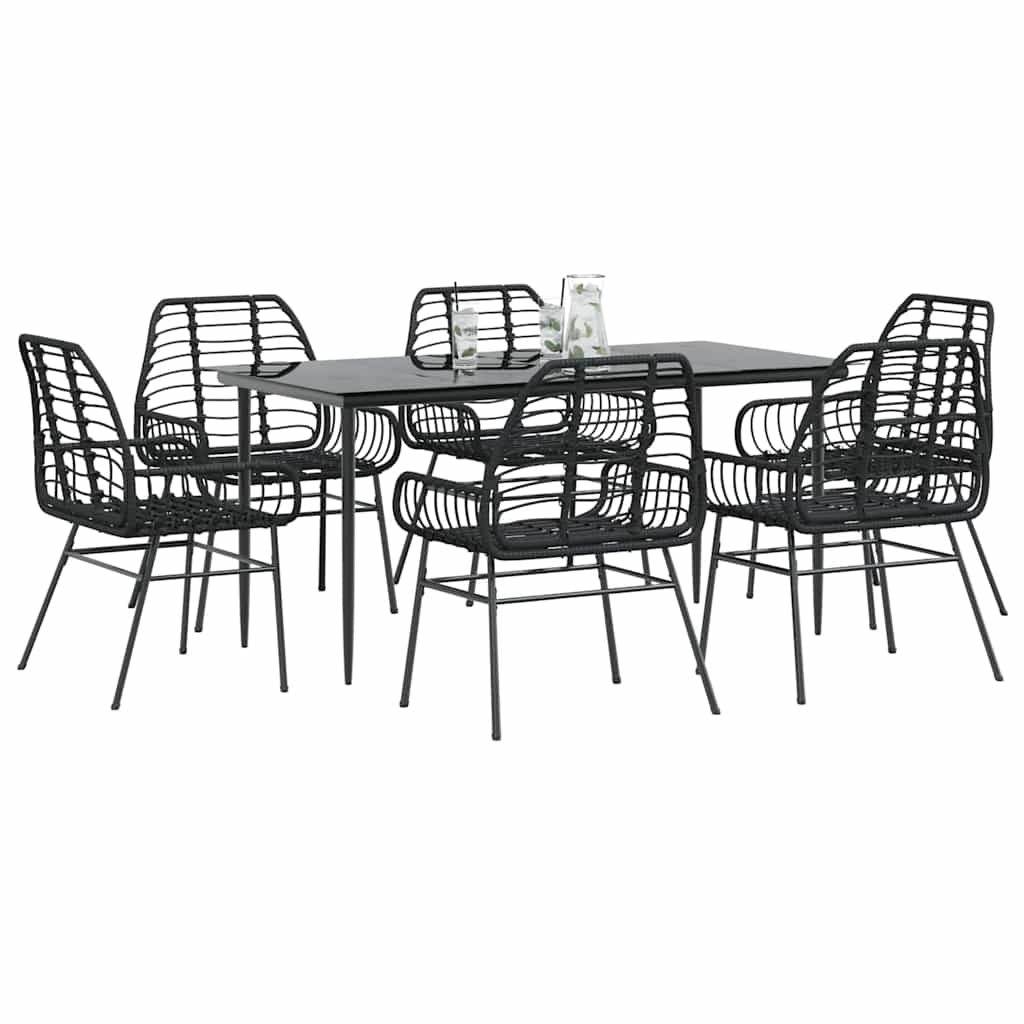 vidaXL 7 Piece Garden Dining Set Black Poly Rattan Glass