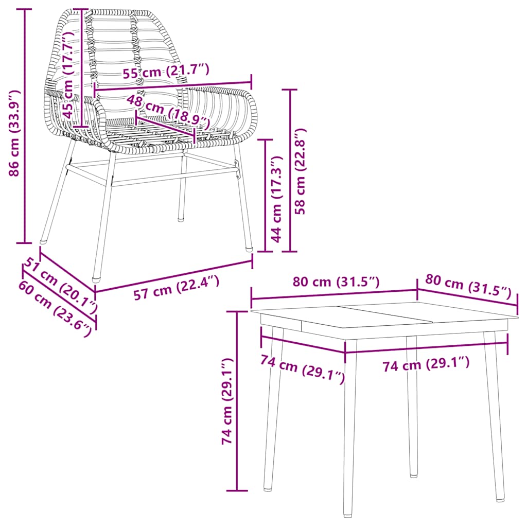 vidaXL 3 Piece Garden Dining Set Brown Poly Rattan Glass