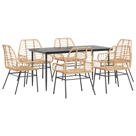 vidaXL 7 Piece Garden Dining Set Brown Poly Rattan Glass