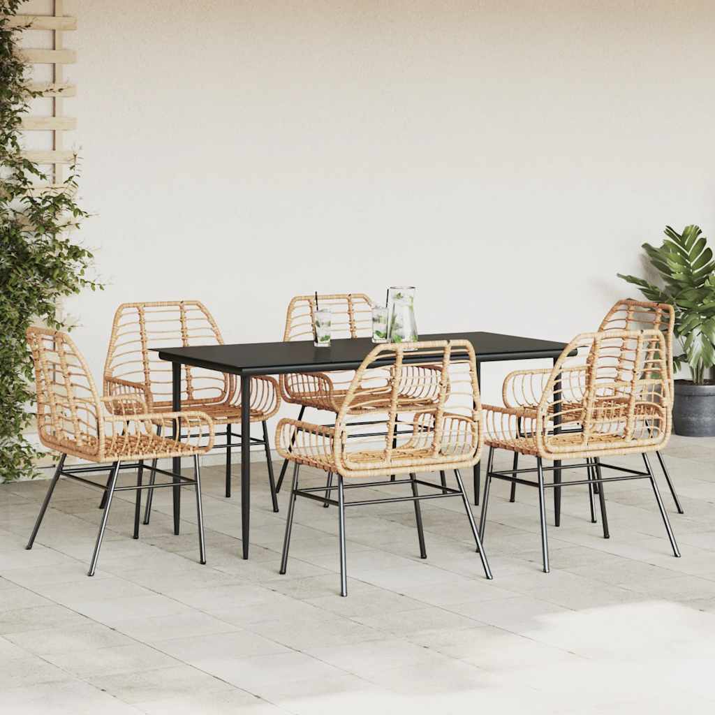 vidaXL 7 Piece Garden Dining Set Brown Poly Rattan Glass