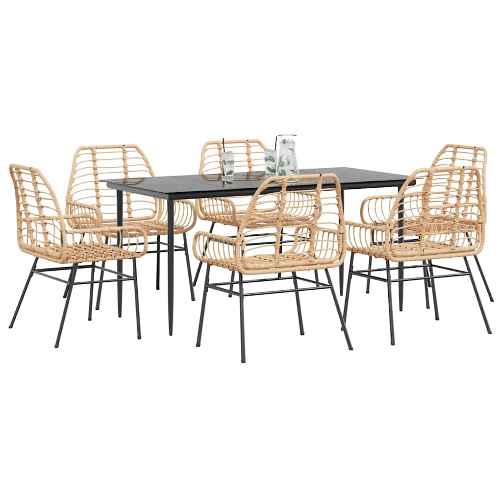 vidaXL 7 Piece Garden Dining Set Brown Poly Rattan Glass