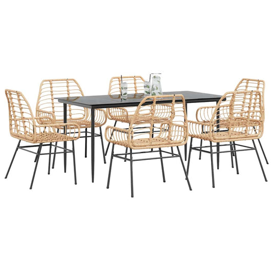vidaXL 7 Piece Garden Dining Set Brown Poly Rattan Glass