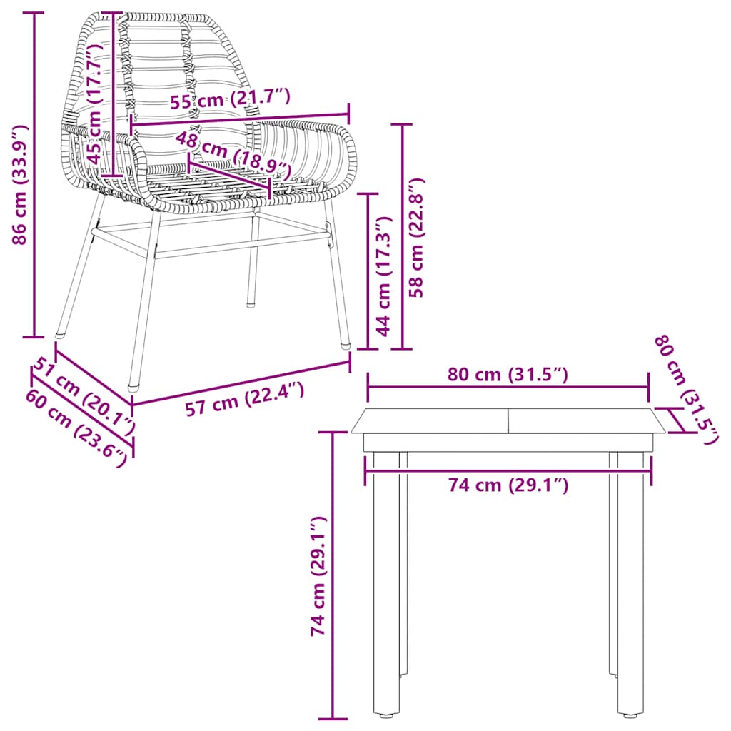 vidaXL 3 Piece Garden Dining Set Black Poly Rattan Glass
