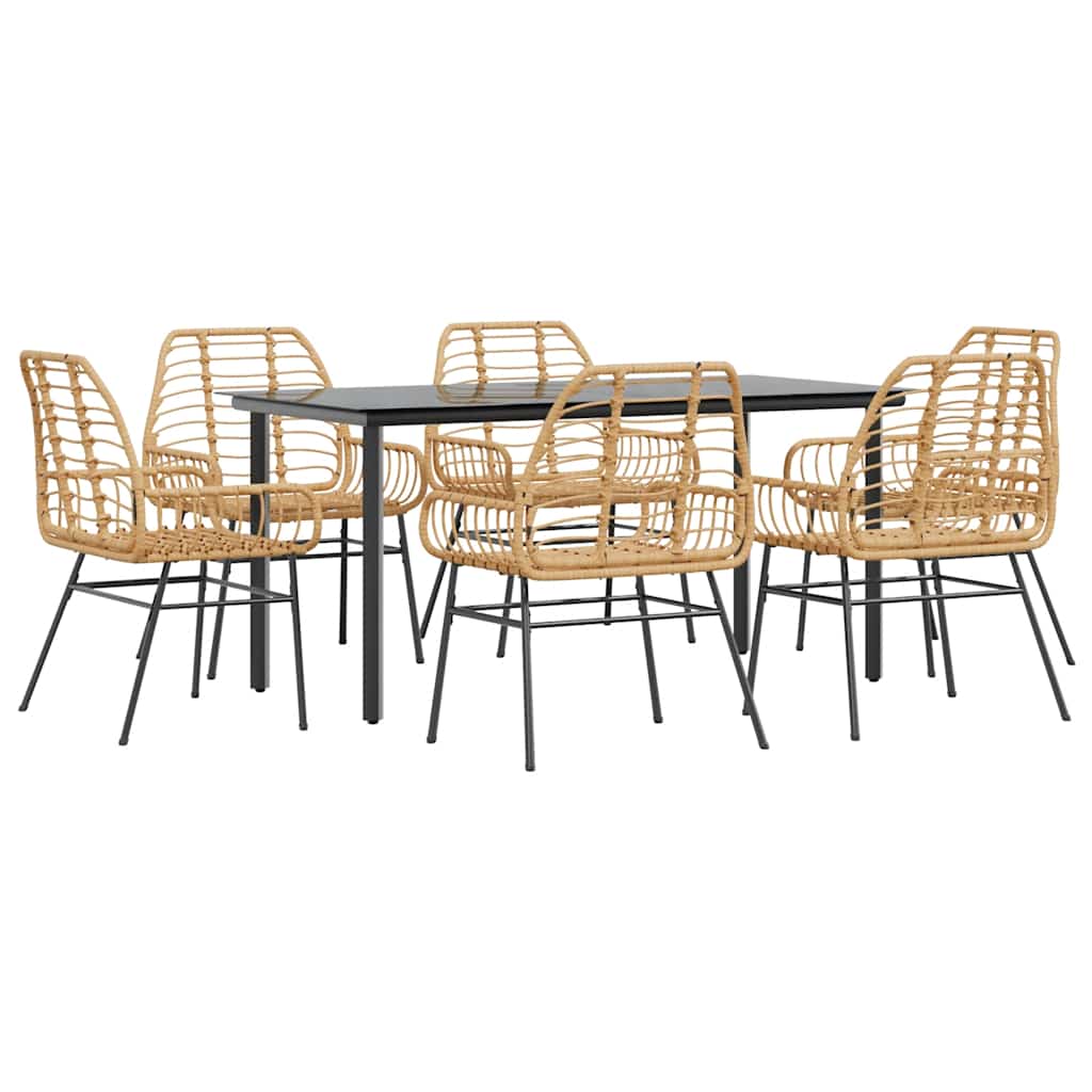 vidaXL 7 Piece Garden Dining Set Brown Poly Rattan Glass