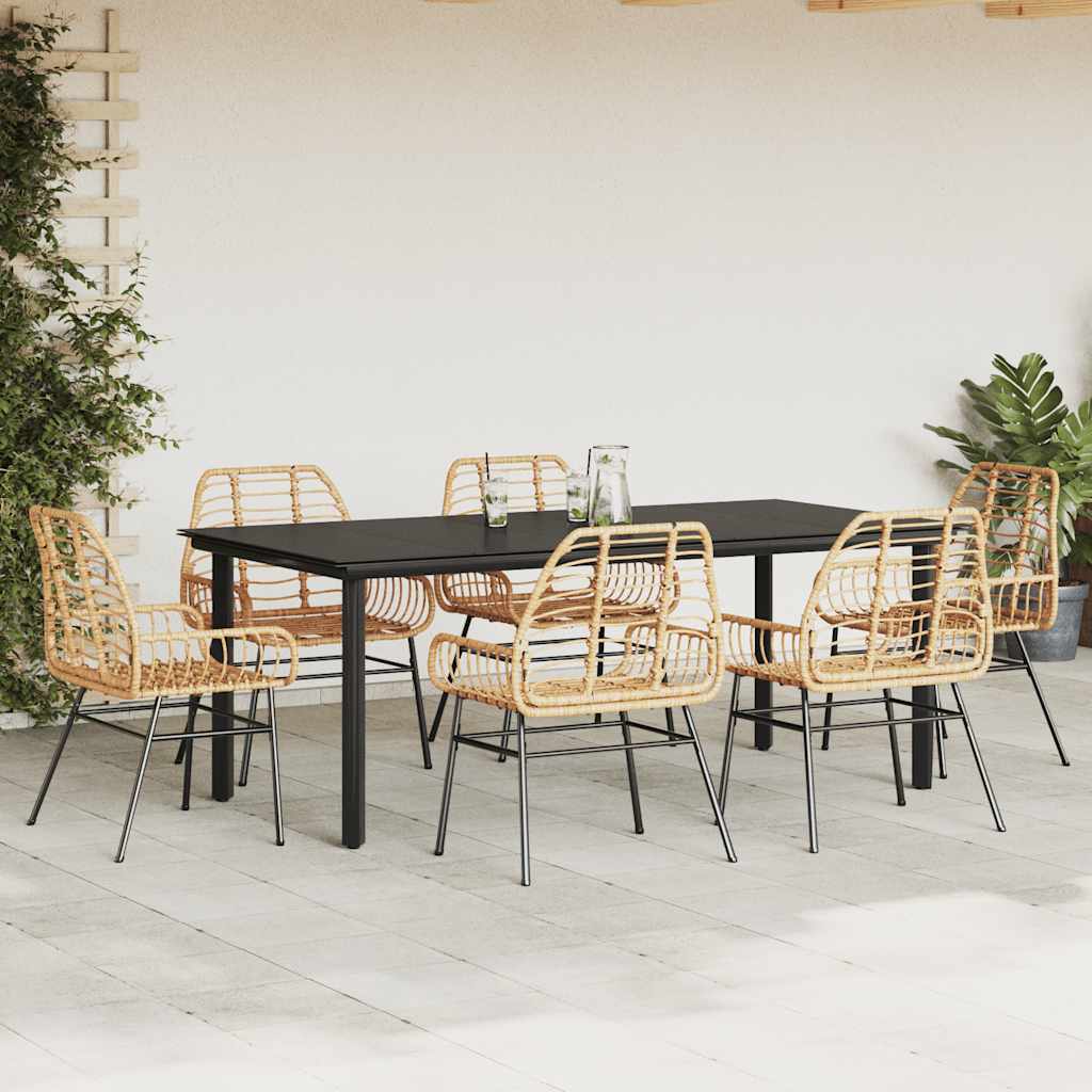 vidaXL 7 Piece Garden Dining Set Brown Poly Rattan Glass