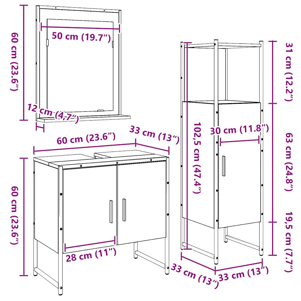 vidaXL Bathroom Furniture Set with Shelf 3 pcs Brown Engineered wood