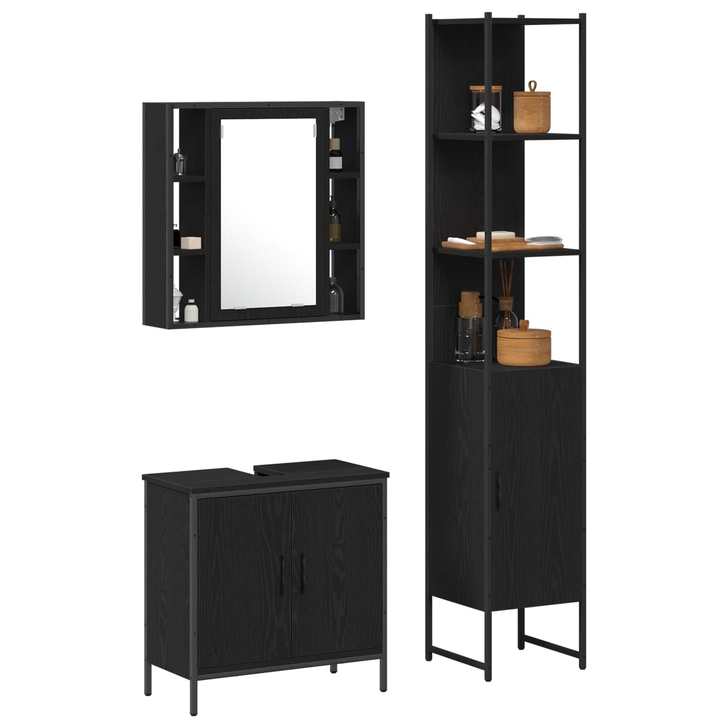 vidaXL Bathroom Vanity Units with Shelf 3 pcs Black Engineered wood