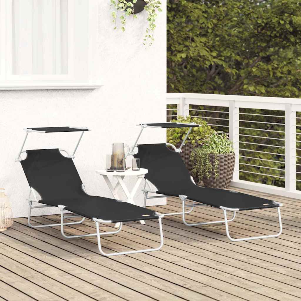 vidaXL Sun Lounger Folding 2 pcs Black 58 x 188 x 77cm Polyester