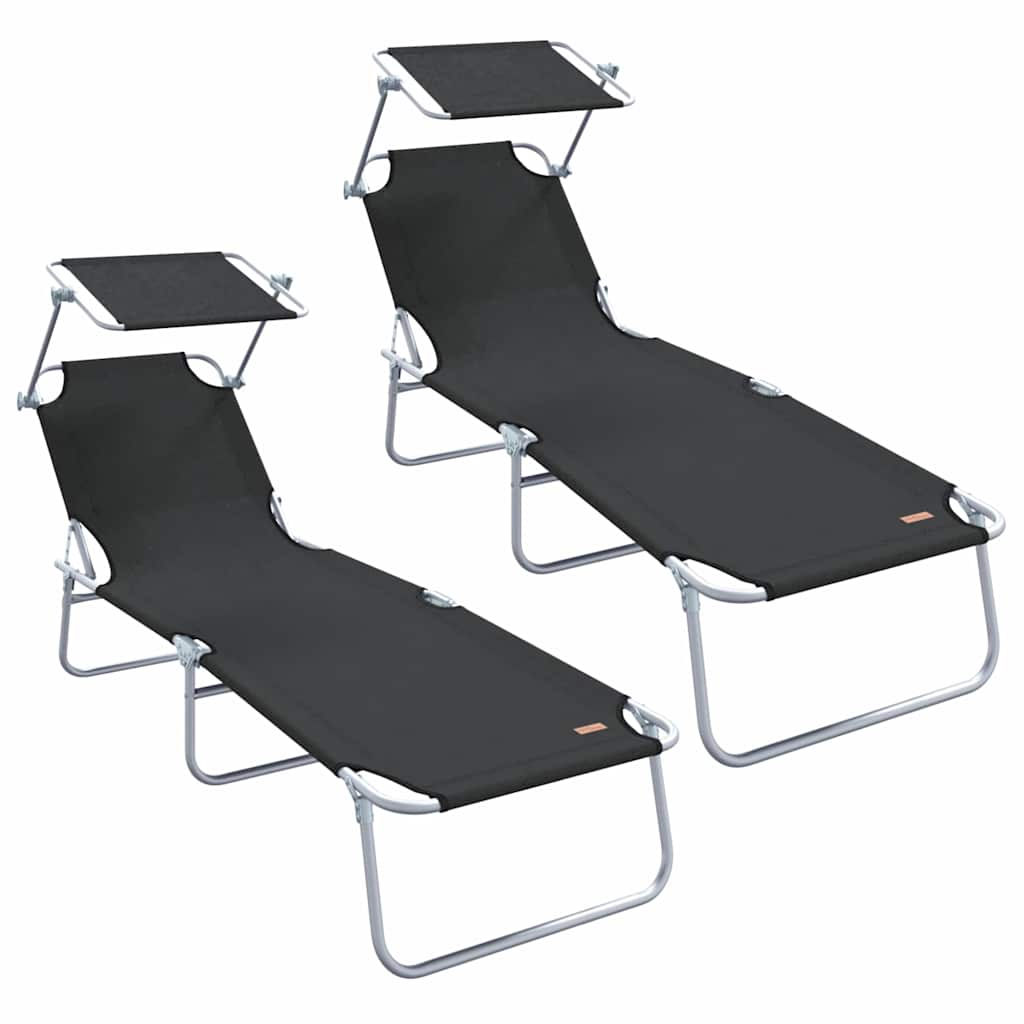 vidaXL Sun Lounger Folding 2 pcs Black 58 x 188 x 77cm Polyester