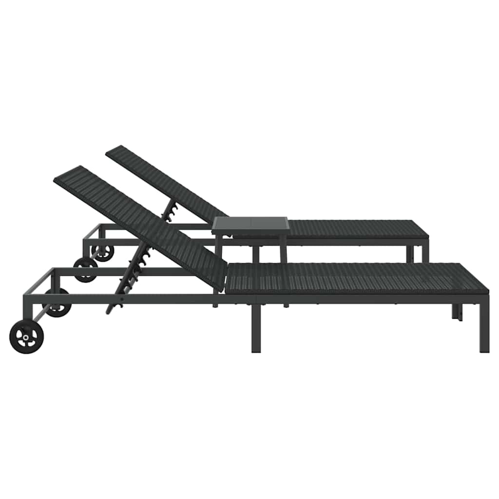 vidaXL Sunbed Reclining 2-person 3 pcs Black Poly Rattan