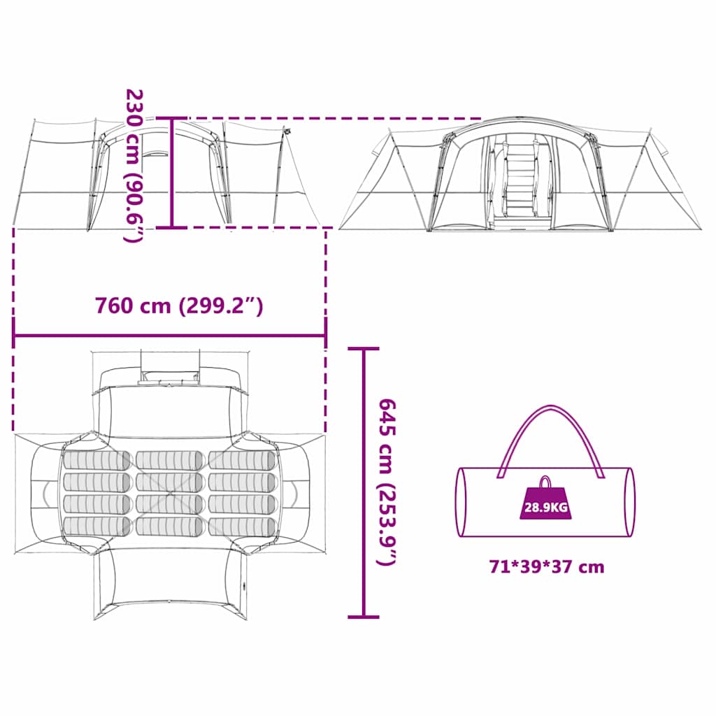 vidaXL Family Tent 12-Person Blue and Grey 760 x 645 x 230 cm