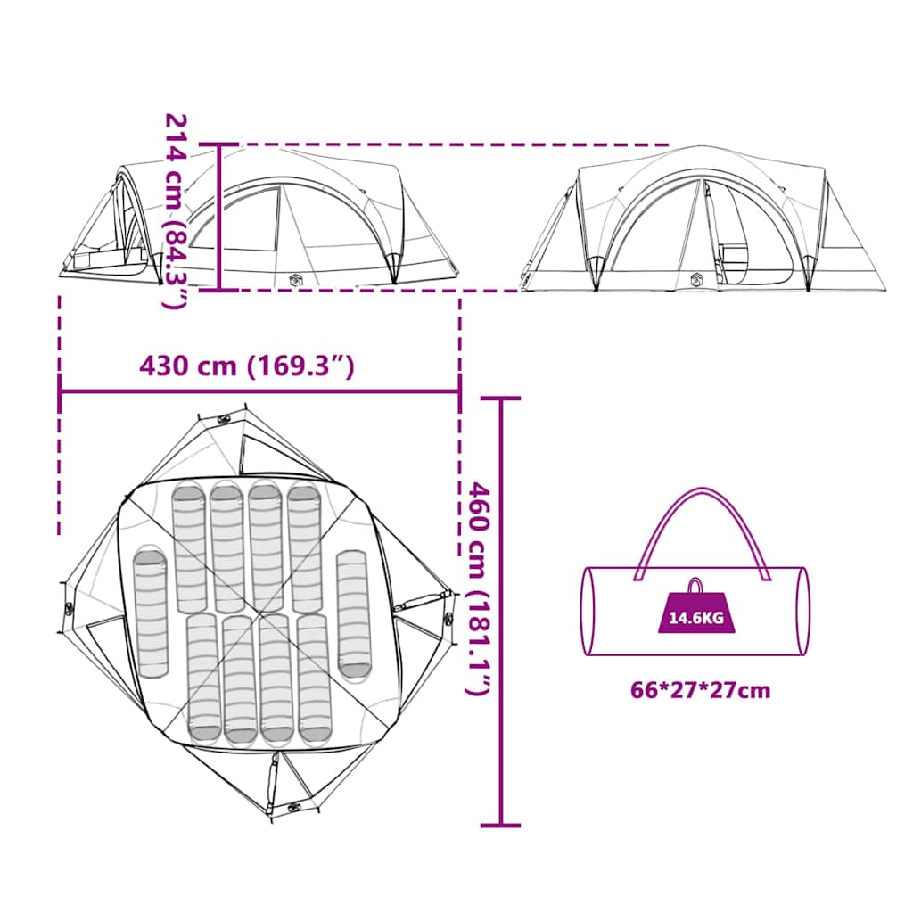 vidaXL Family Tent 10-Person Grey and Orange 460 x 430 x 214 cm